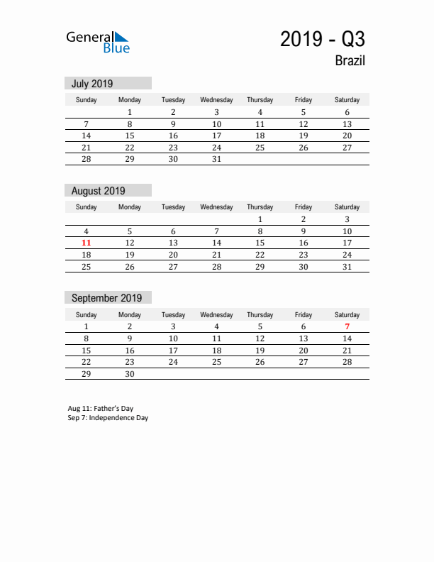 Brazil Quarter 3 2019 Calendar with Holidays