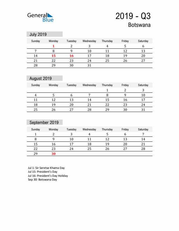 Botswana Quarter 3 2019 Calendar with Holidays