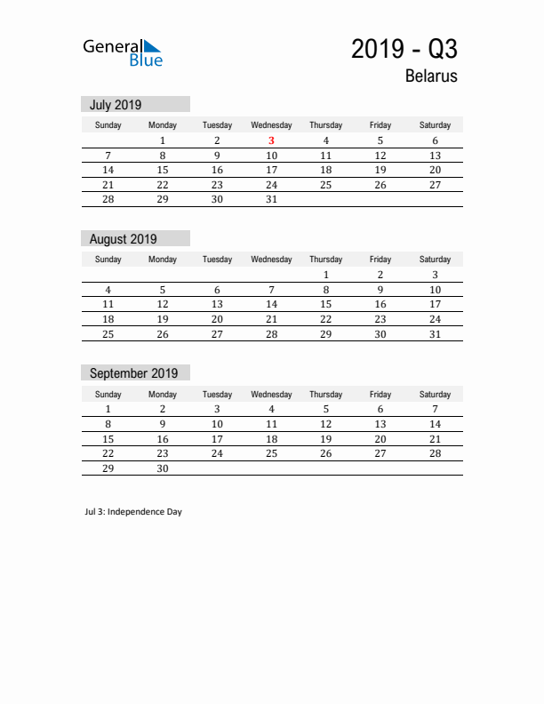 Belarus Quarter 3 2019 Calendar with Holidays