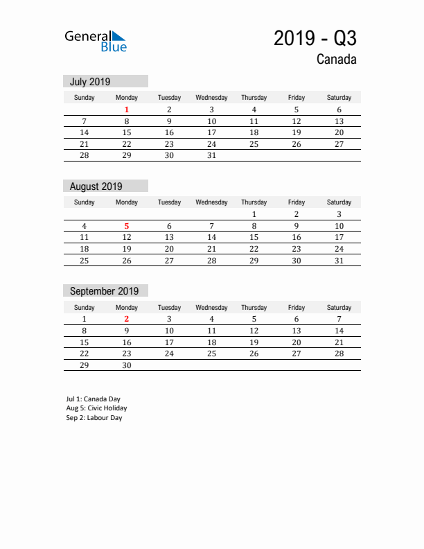 Canada Quarter 3 2019 Calendar with Holidays