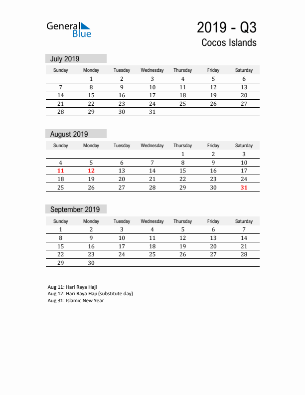 Cocos Islands Quarter 3 2019 Calendar with Holidays