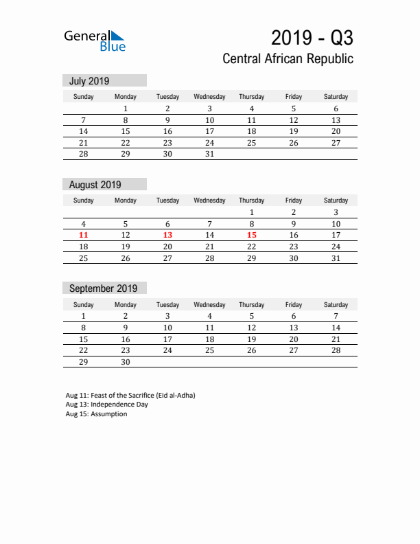 Central African Republic Quarter 3 2019 Calendar with Holidays