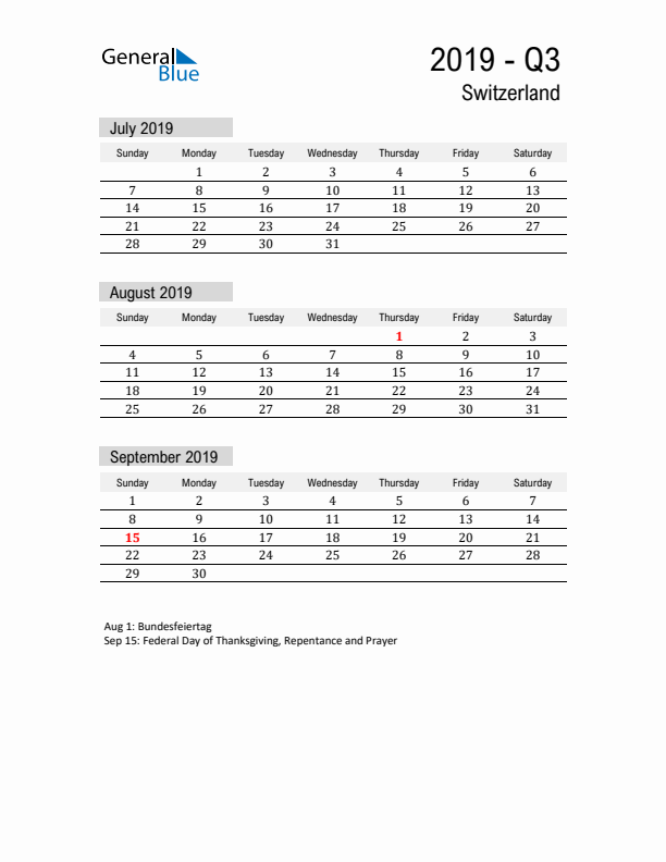 Switzerland Quarter 3 2019 Calendar with Holidays