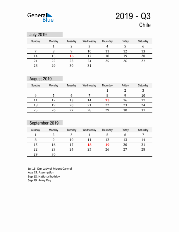 Chile Quarter 3 2019 Calendar with Holidays