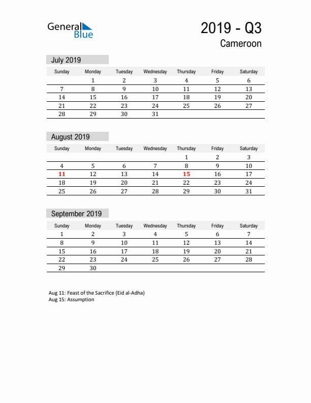 Cameroon Quarter 3 2019 Calendar with Holidays