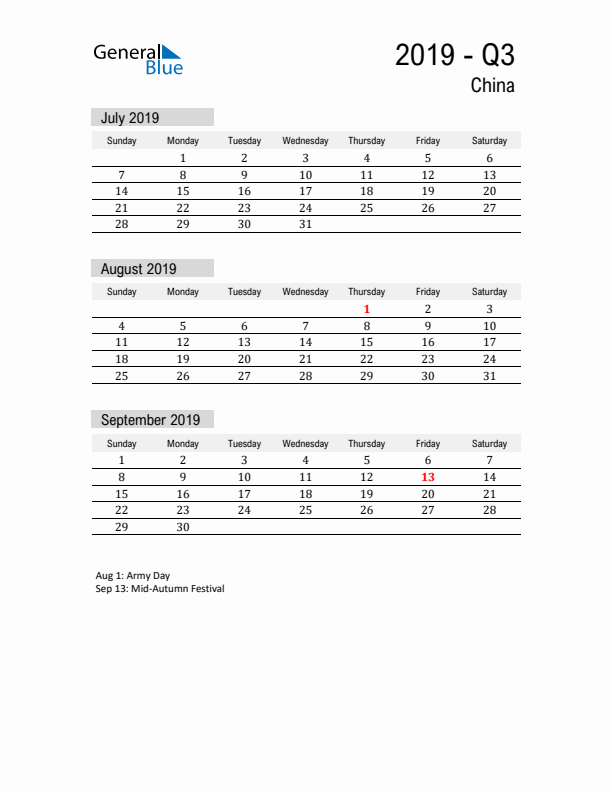 China Quarter 3 2019 Calendar with Holidays