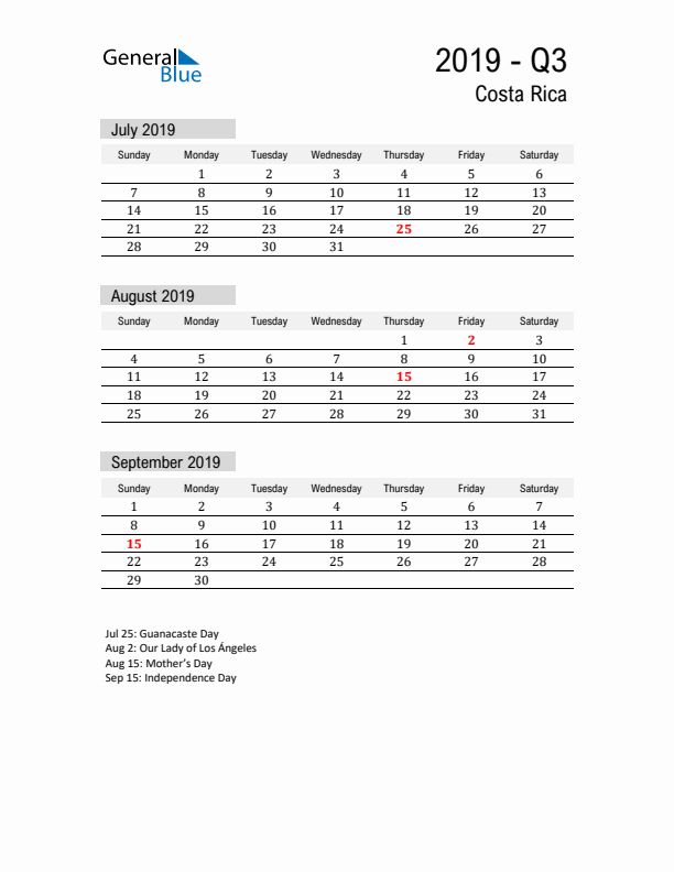 Costa Rica Quarter 3 2019 Calendar with Holidays