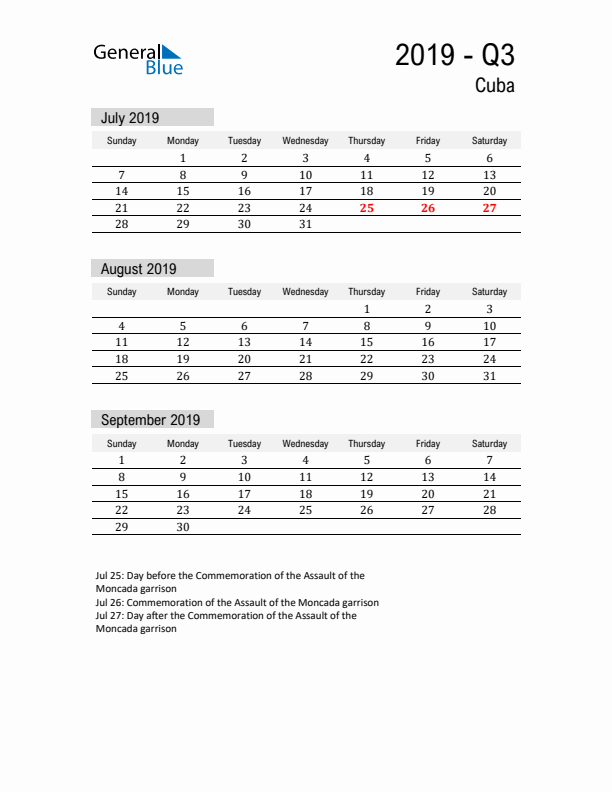 Cuba Quarter 3 2019 Calendar with Holidays