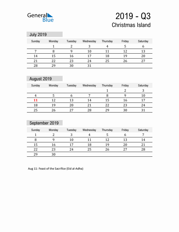 Christmas Island Quarter 3 2019 Calendar with Holidays