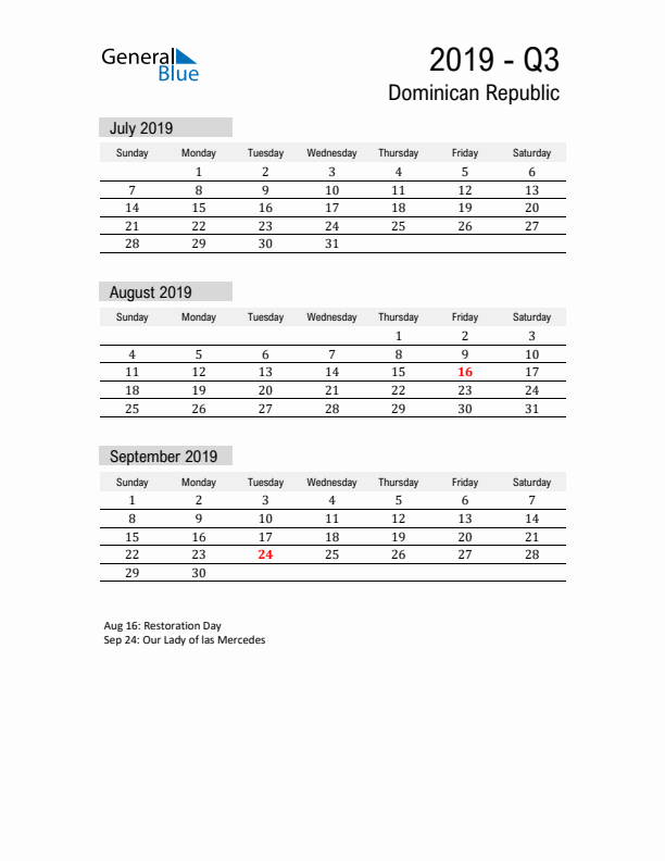 Dominican Republic Quarter 3 2019 Calendar with Holidays