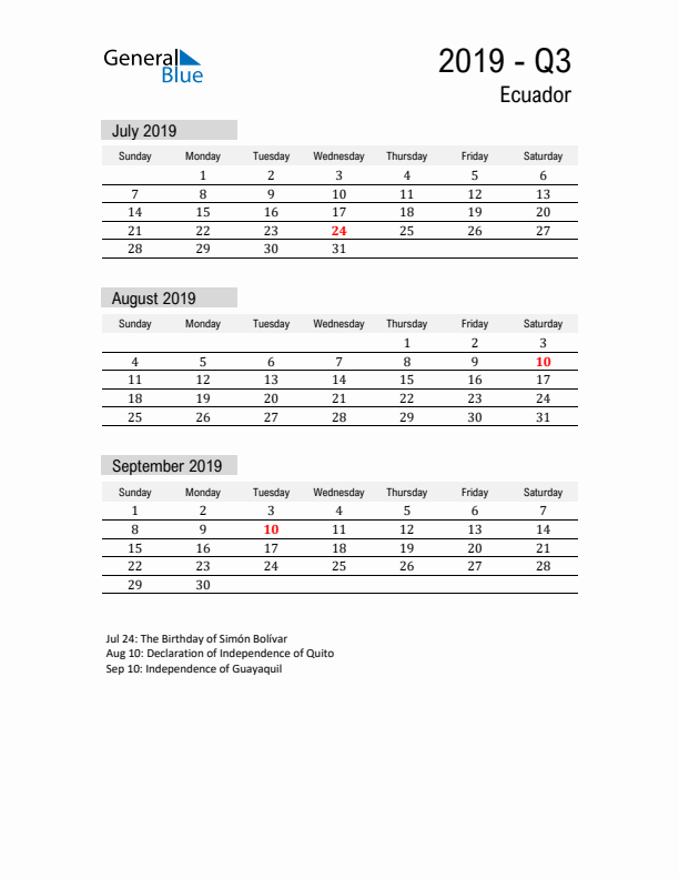 Ecuador Quarter 3 2019 Calendar with Holidays