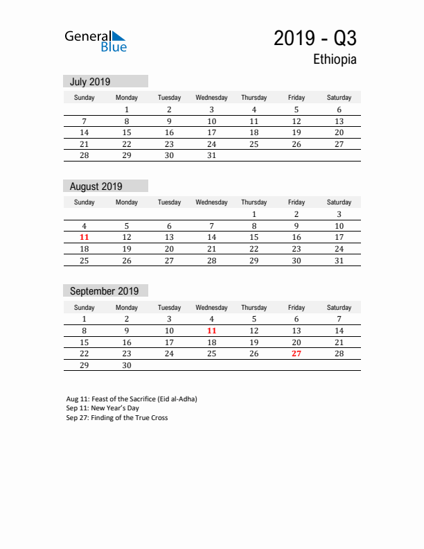 Ethiopia Quarter 3 2019 Calendar with Holidays