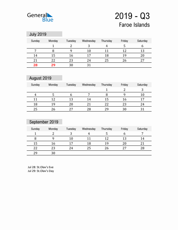 Faroe Islands Quarter 3 2019 Calendar with Holidays