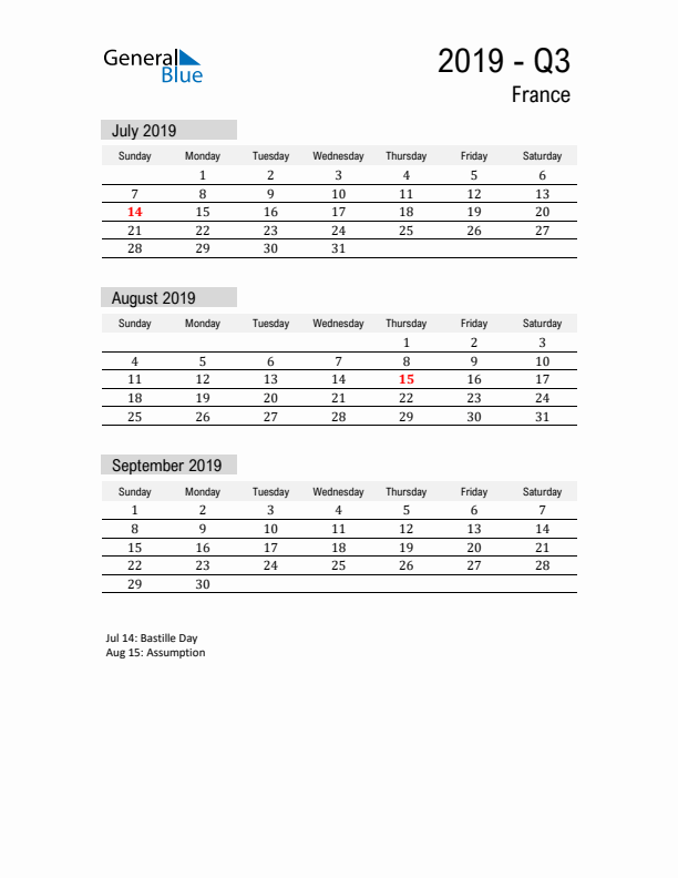 France Quarter 3 2019 Calendar with Holidays