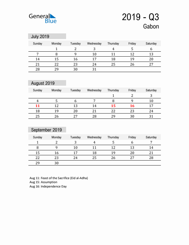 Gabon Quarter 3 2019 Calendar with Holidays