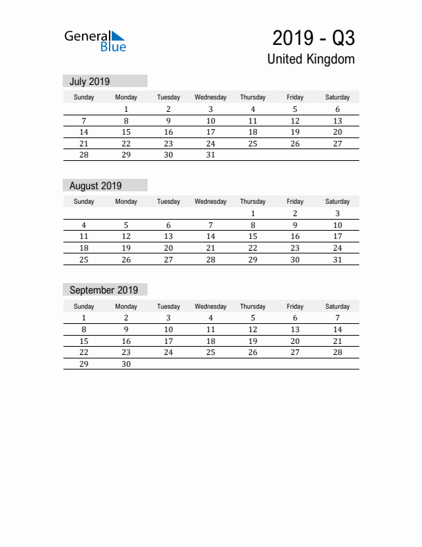 United Kingdom Quarter 3 2019 Calendar with Holidays