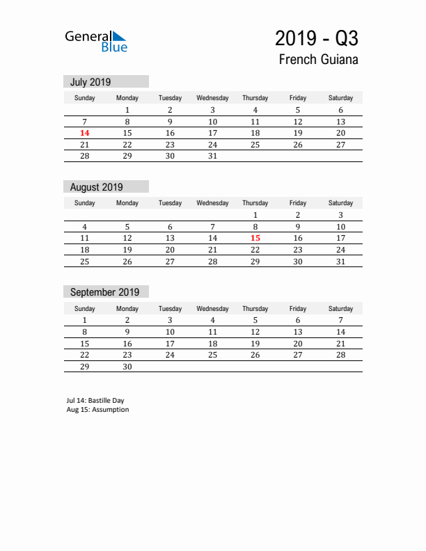 French Guiana Quarter 3 2019 Calendar with Holidays