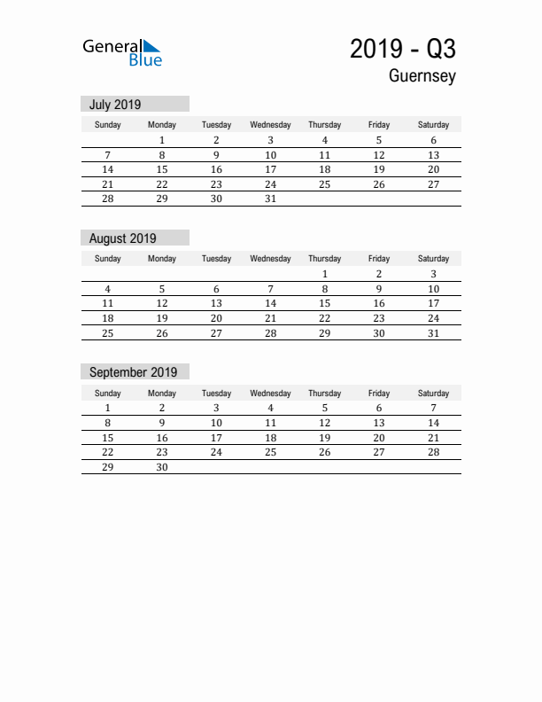 Guernsey Quarter 3 2019 Calendar with Holidays