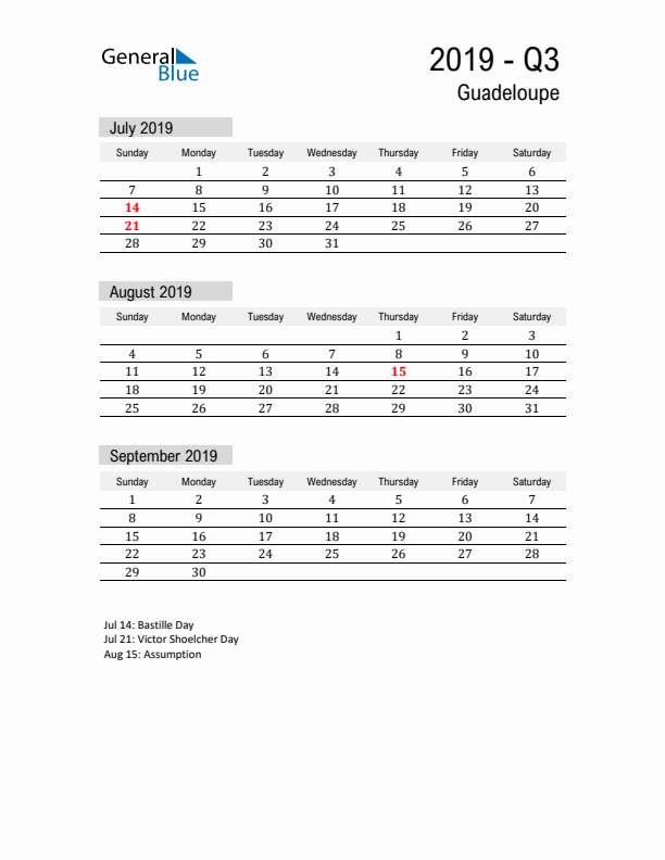 Guadeloupe Quarter 3 2019 Calendar with Holidays