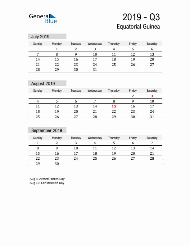 Equatorial Guinea Quarter 3 2019 Calendar with Holidays