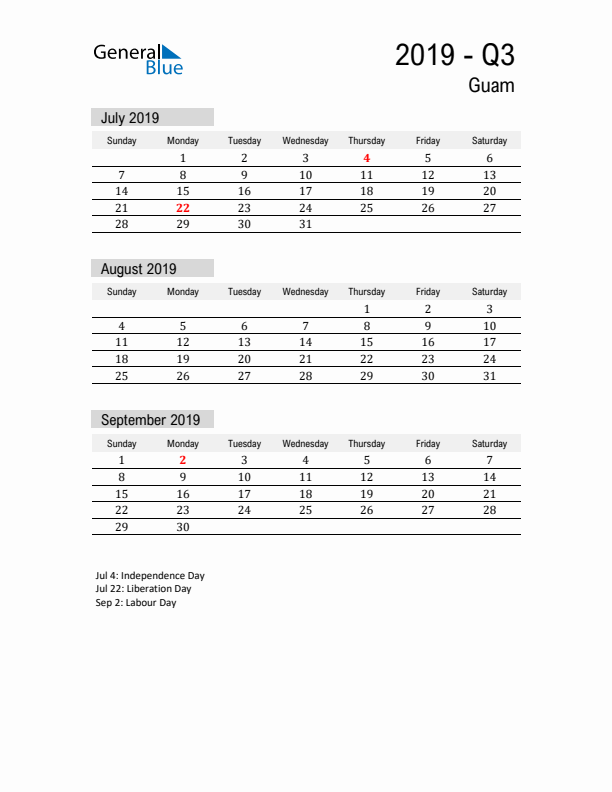 Guam Quarter 3 2019 Calendar with Holidays