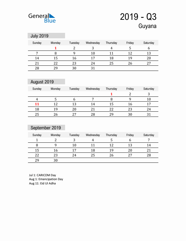 Guyana Quarter 3 2019 Calendar with Holidays