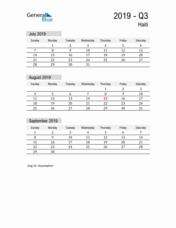 Haiti Quarter 3 2019 Calendar with Holidays