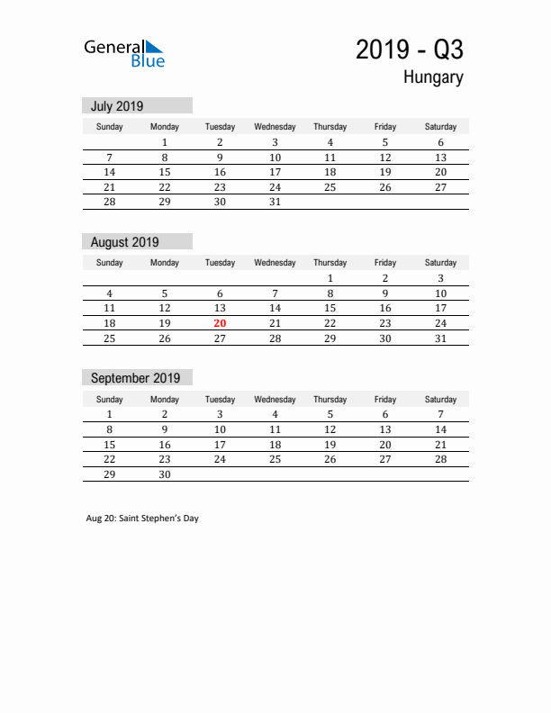 Hungary Quarter 3 2019 Calendar with Holidays