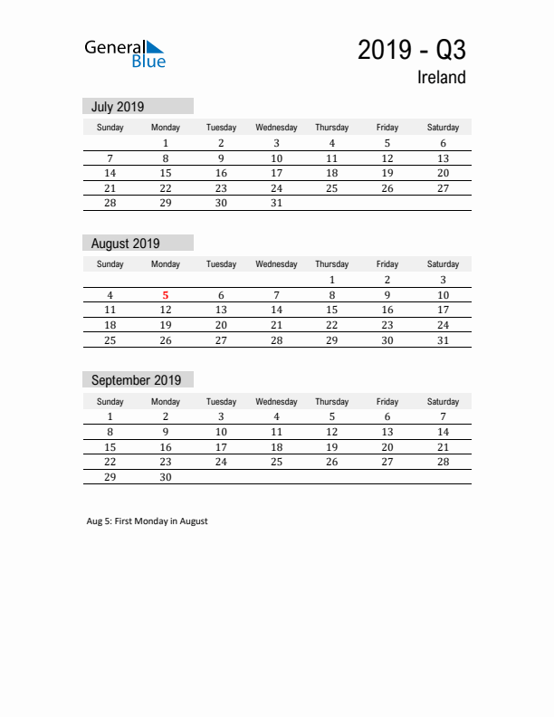 Ireland Quarter 3 2019 Calendar with Holidays