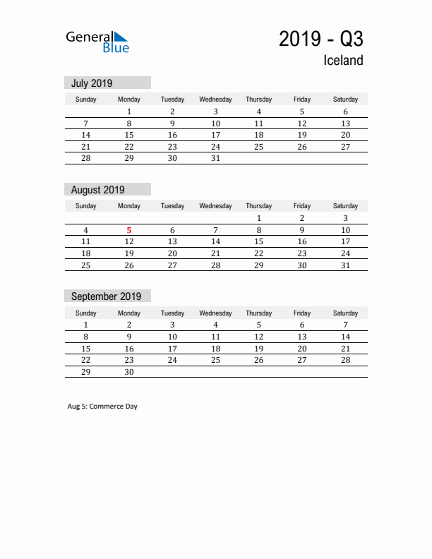 Iceland Quarter 3 2019 Calendar with Holidays