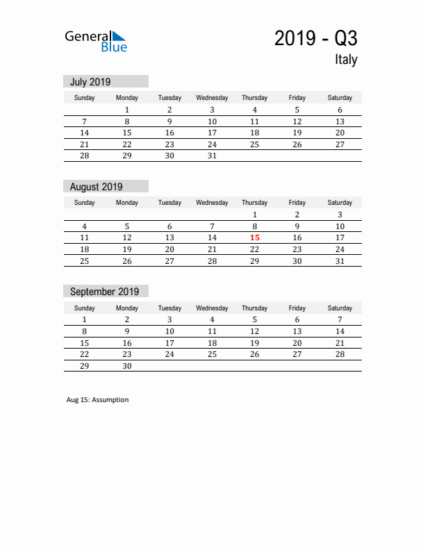 Italy Quarter 3 2019 Calendar with Holidays