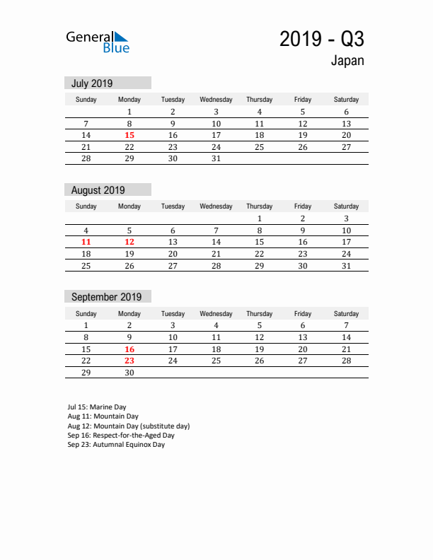 Japan Quarter 3 2019 Calendar with Holidays