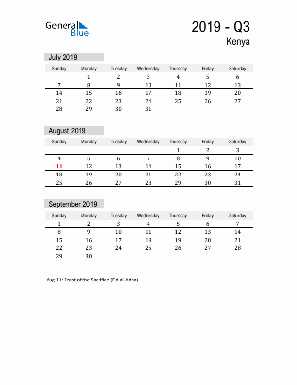 Kenya Quarter 3 2019 Calendar with Holidays