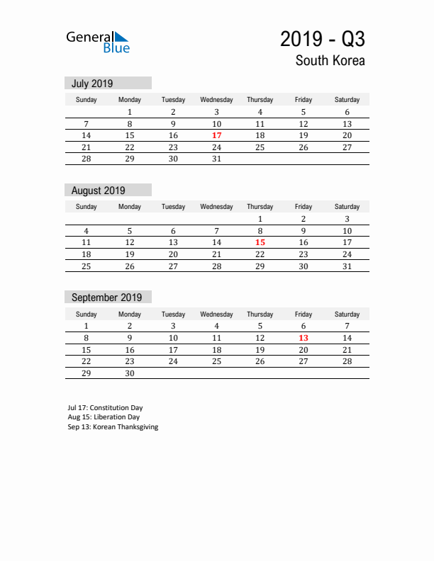 South Korea Quarter 3 2019 Calendar with Holidays