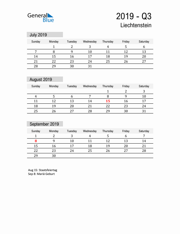 Liechtenstein Quarter 3 2019 Calendar with Holidays