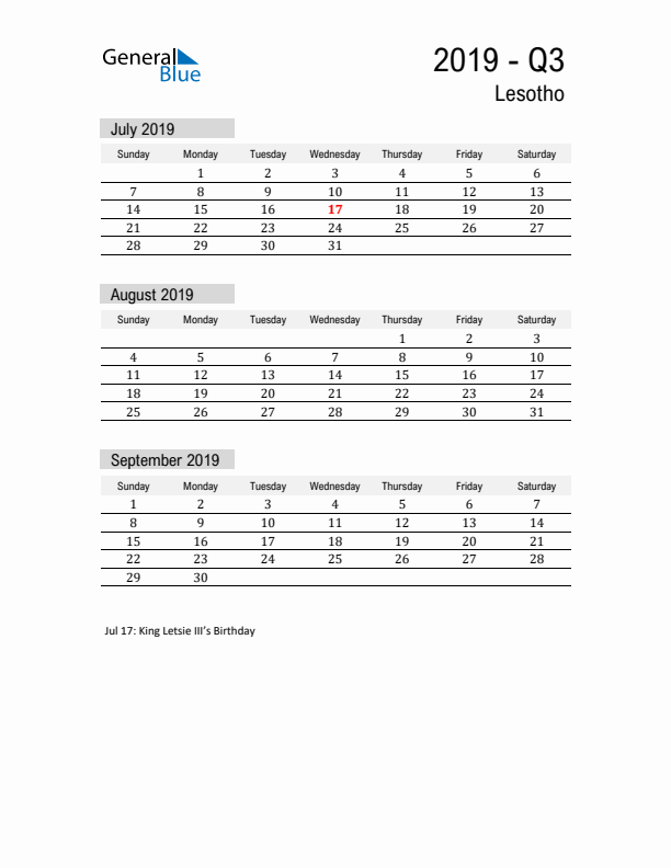 Lesotho Quarter 3 2019 Calendar with Holidays