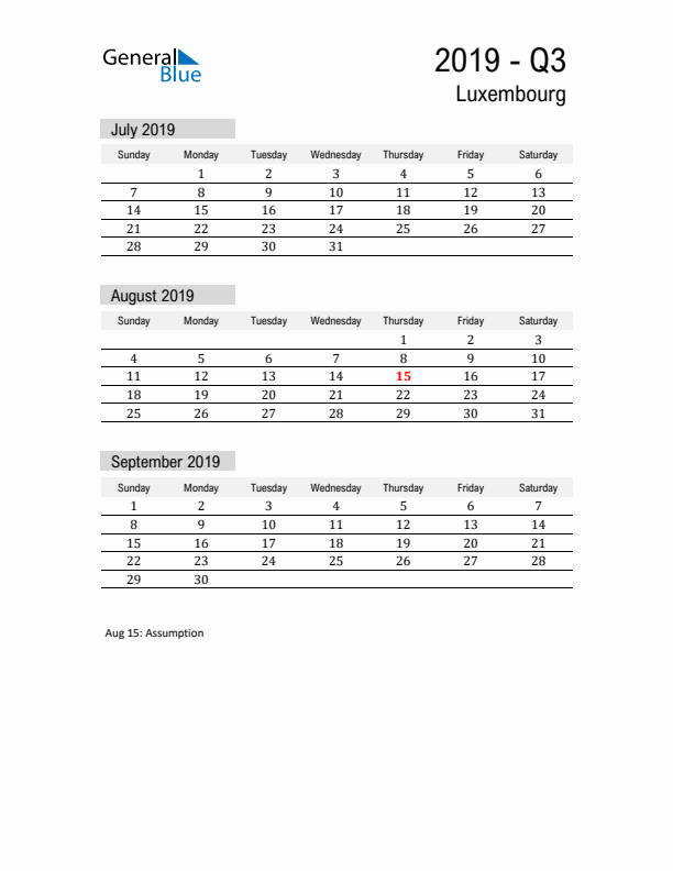 Luxembourg Quarter 3 2019 Calendar with Holidays