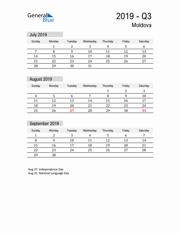 Moldova Quarter 3 2019 Calendar with Holidays