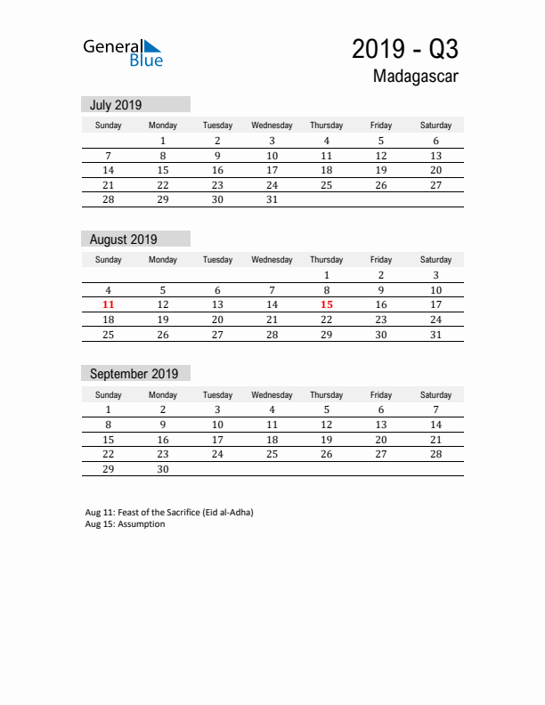 Madagascar Quarter 3 2019 Calendar with Holidays