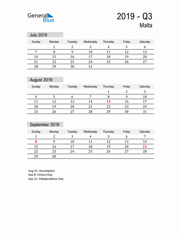 Malta Quarter 3 2019 Calendar with Holidays