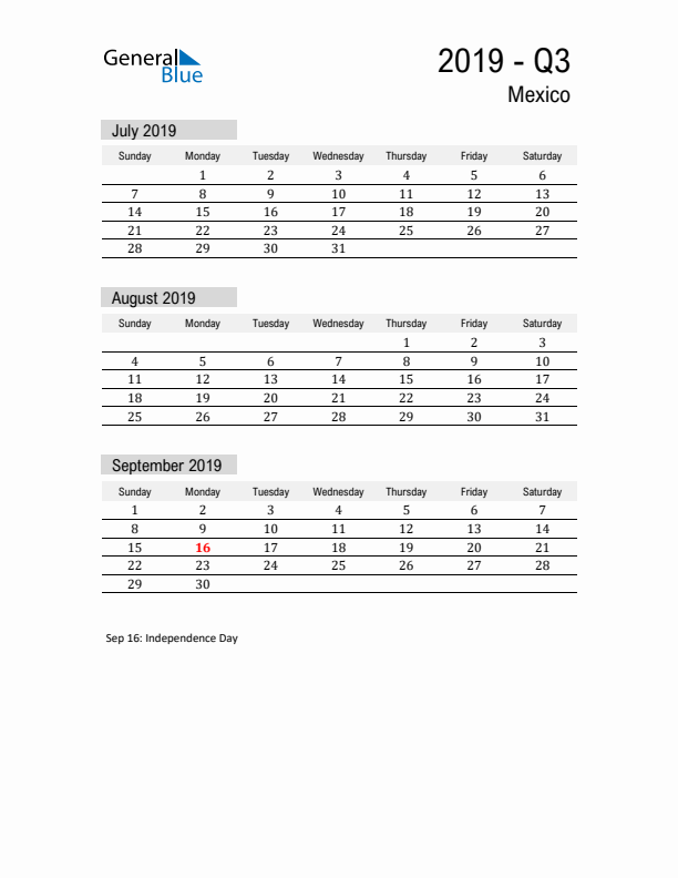 Mexico Quarter 3 2019 Calendar with Holidays