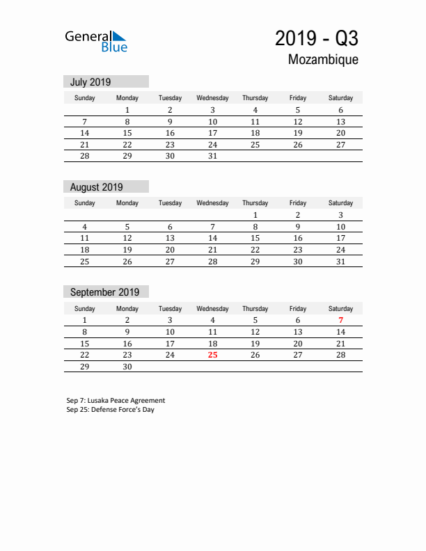 Mozambique Quarter 3 2019 Calendar with Holidays