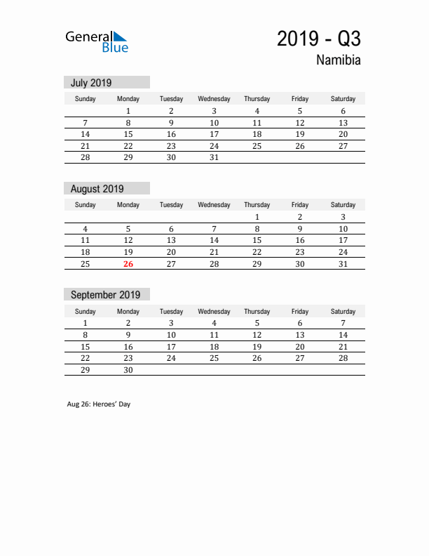 Namibia Quarter 3 2019 Calendar with Holidays