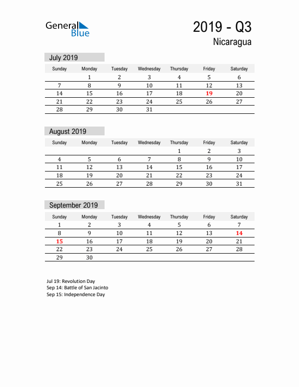 Nicaragua Quarter 3 2019 Calendar with Holidays