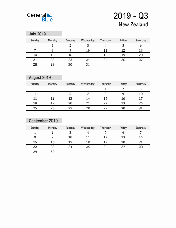 New Zealand Quarter 3 2019 Calendar with Holidays