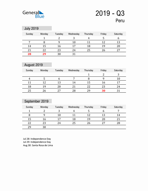 Peru Quarter 3 2019 Calendar with Holidays