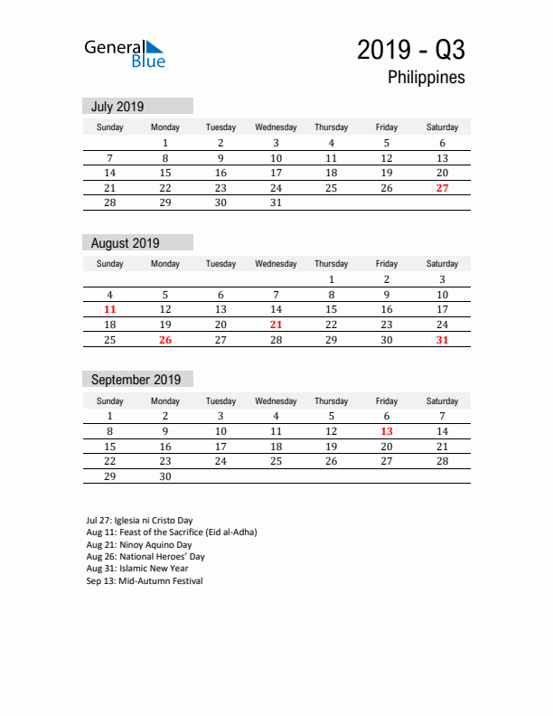 Philippines Quarter 3 2019 Calendar with Holidays