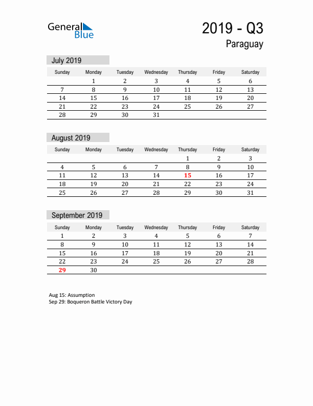 Paraguay Quarter 3 2019 Calendar with Holidays