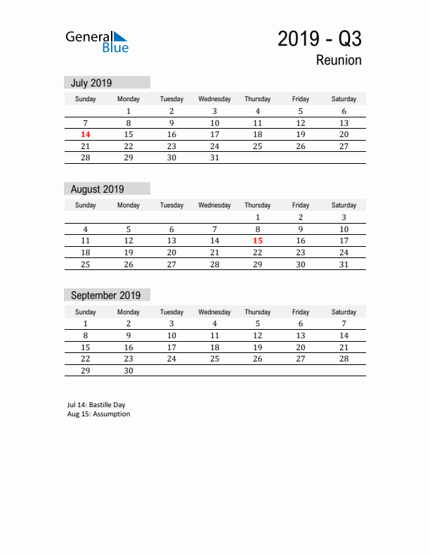 Reunion Quarter 3 2019 Calendar with Holidays