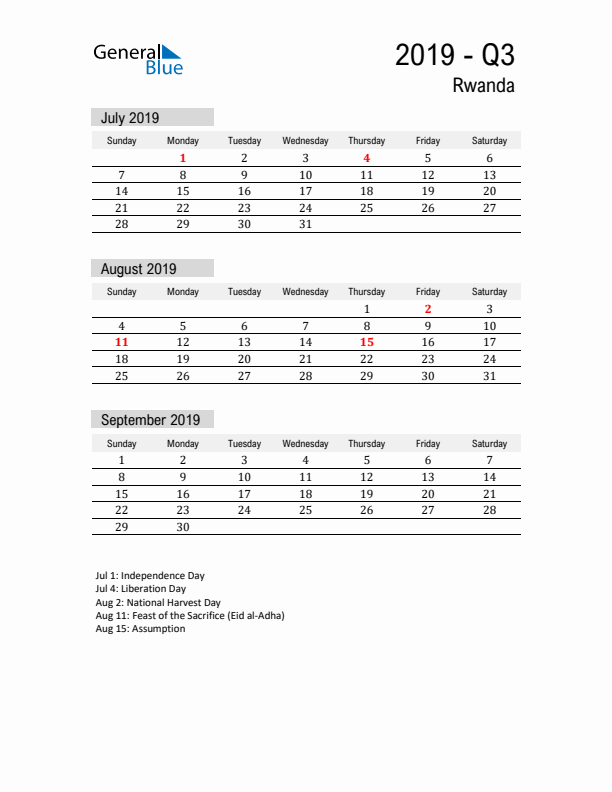 Rwanda Quarter 3 2019 Calendar with Holidays